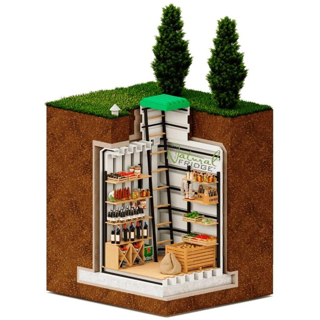 Unsere Vorfahren nutzten jahrhundertelang die natürliche Kälte zur Konservierung von Lebensmitteln m³  – Gewicht 420 kg    – Eingangsmaße  🍏 Erdkeller Modell 150x150 Natural Fridge  5.990  EUR inkl. MwSt. , zzgl.  Versandkosten     Angebot